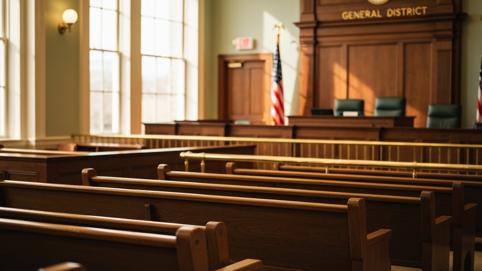 A quiet Virginia General District courtroom seen from the gallery, wooden benches in the foreground.