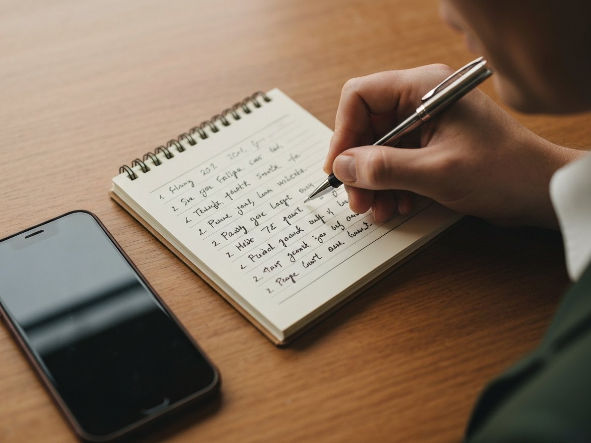 A hand logging dated entries in a small notebook beside a face-down phone.