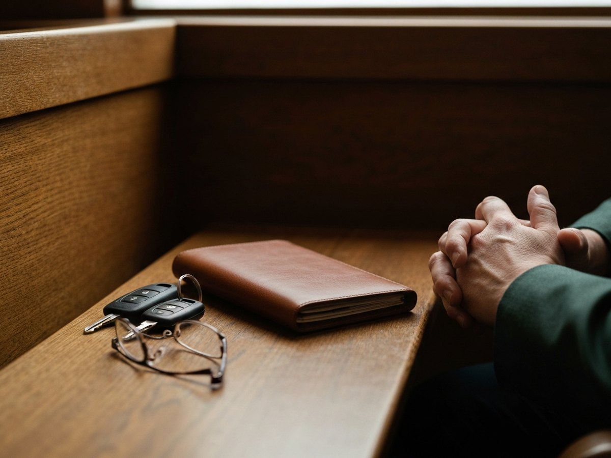 A leather folio, car keys, and a pair of glasses arranged on a courthouse hallway bench beside a person’s folded hands.