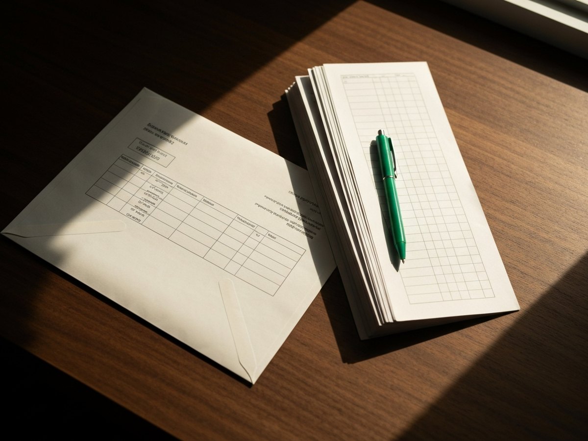 An opened official envelope beside a folded statement on a desk, a green pen across one line.