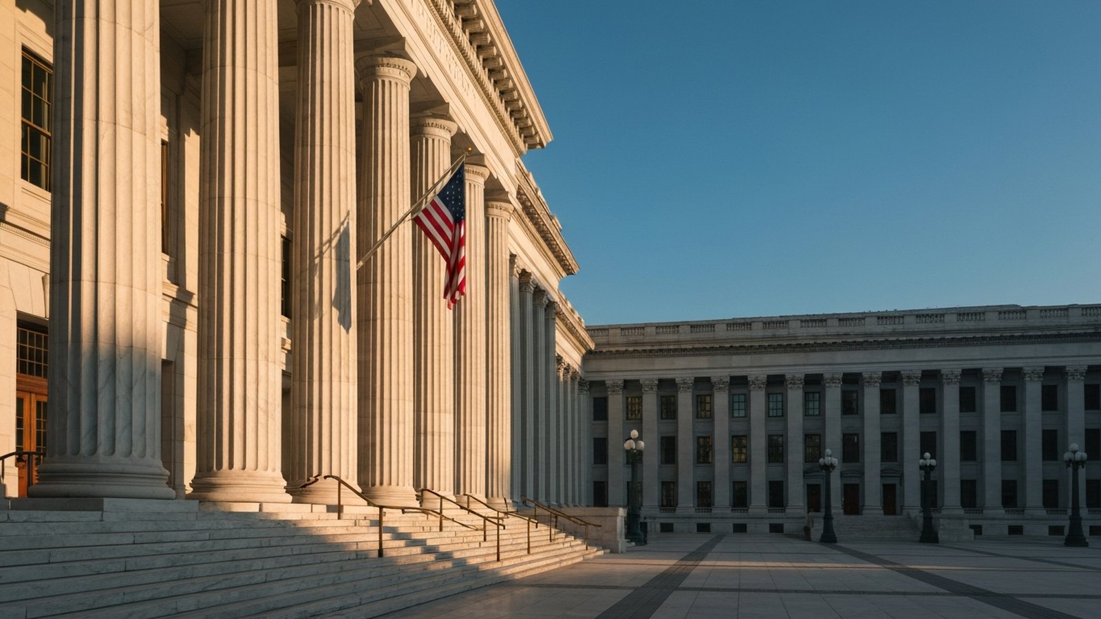 The marble steps and limestone columns of a United States federal courthouse at dawn.