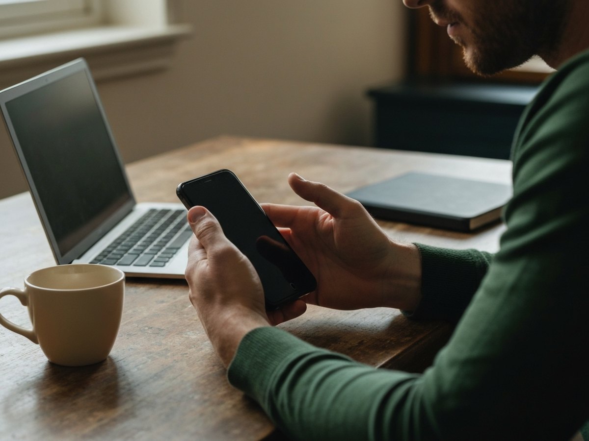 A man’s hands holding a smartphone over a kitchen table, a closed laptop and coffee cup beside him.