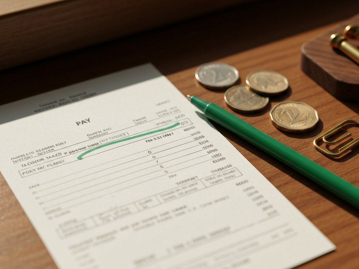 A pay stub on a desk with one line underlined in green pen, a few coins beside it.