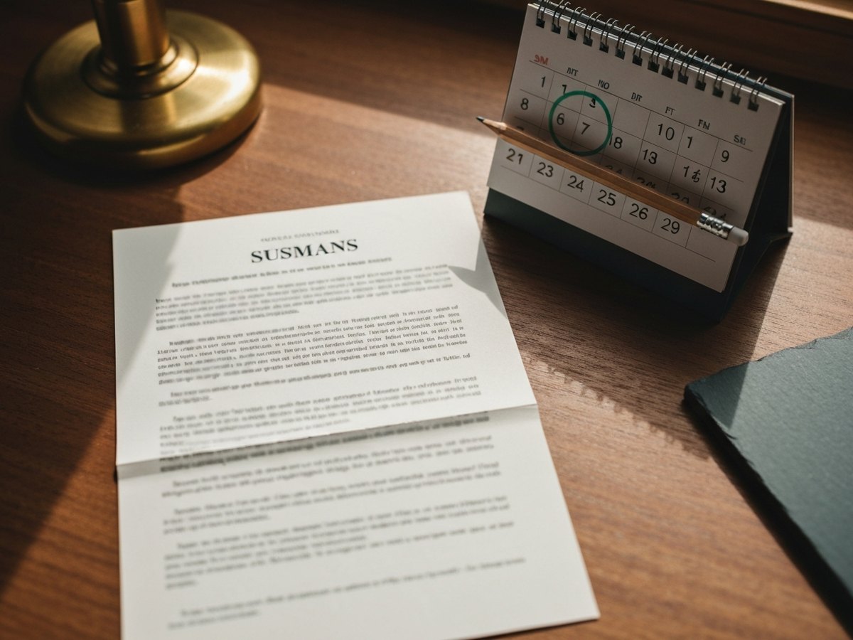 A folded legal summons beside a calendar with one date circled in green marker.