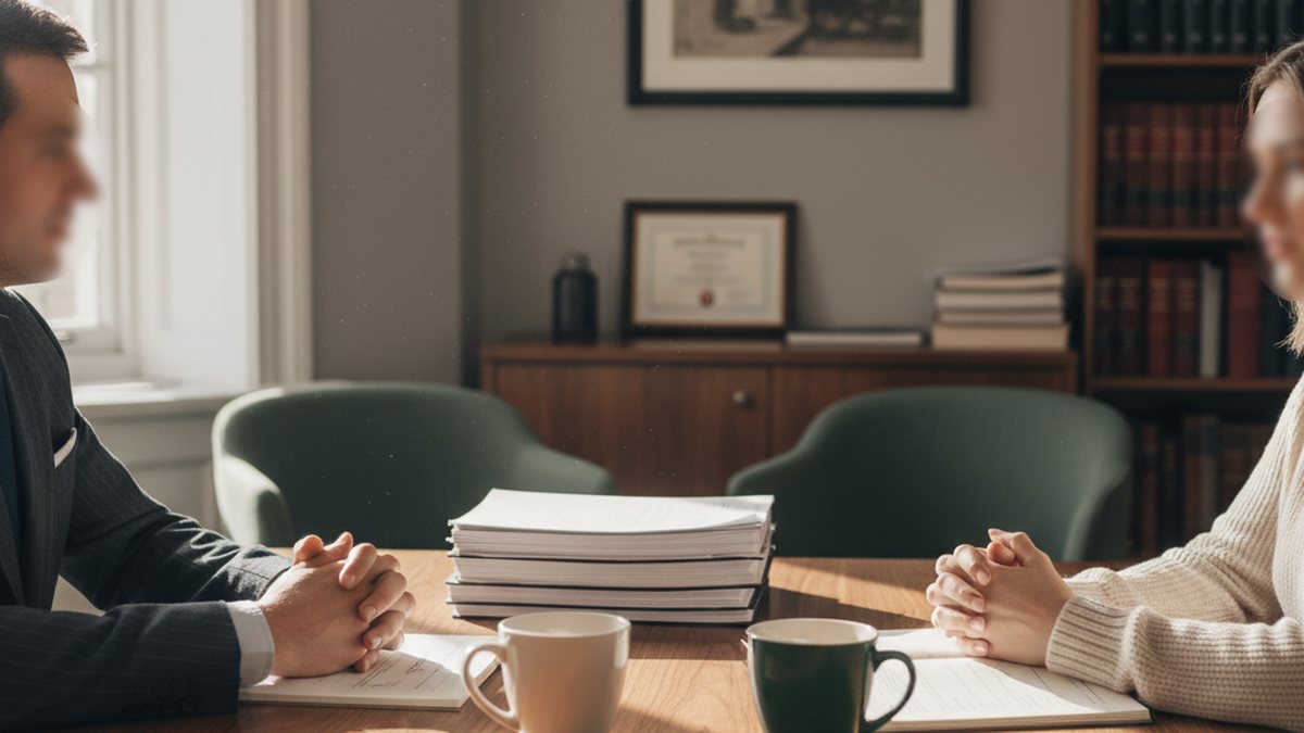 A calm one-on-one debt-relief consultation across a law-office desk