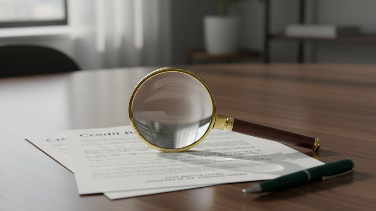 Two overlapping printed credit reports on a desk with a magnifying glass